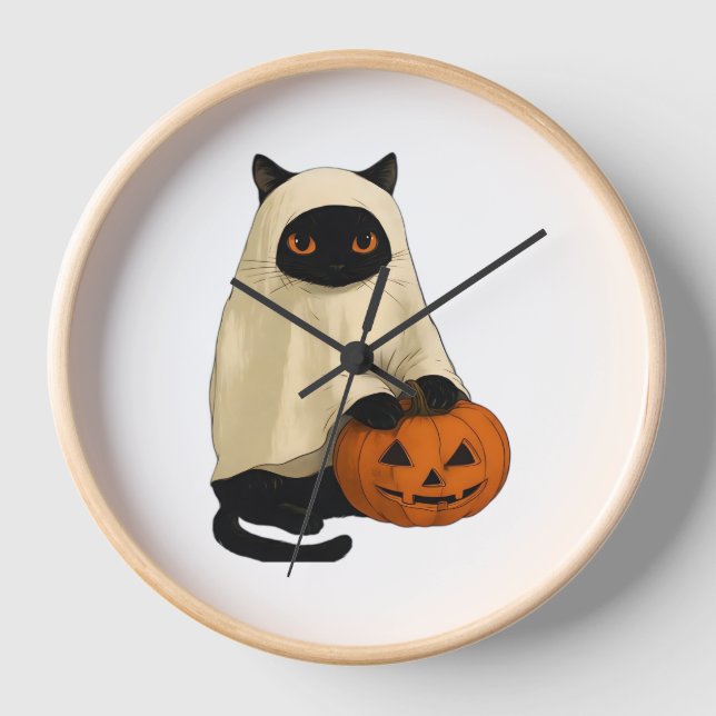 Horloge Fantôme de chat noir avec T-shirt Citrouille essen (Recto)