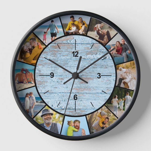 Horloge Ferme Faux Blue Wood Fence 12 Photo Collage (Recto)