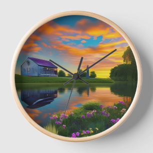 Horloge Ferme Toit Violet Étang au Lever du Soleil