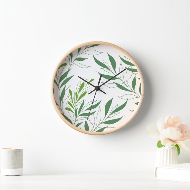 Horloge Feuillage De Verdure Motif Élégant Vert Et Blanc (Maison)