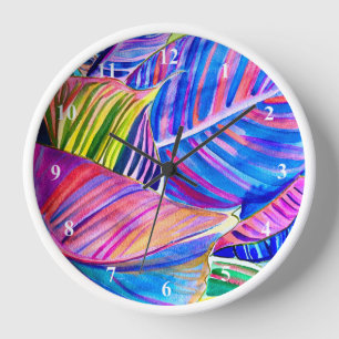 Horloge Feuilles de canna tropicale aquarelle