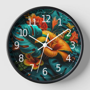 Horloge Feuilles et fleurs tropicales élégantes et colorée