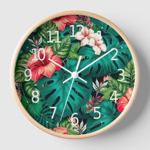 Horloge Feuilles Tropicales Élégantes et Fleurs d'Hibiscus