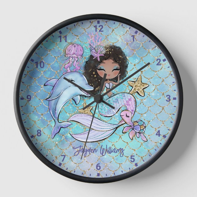 Horloge Fille à cheveux noirs Filles personnalisées Mur de (Recto)