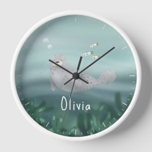 Horloge Filles Bleu mignon sous la mer Phoque de l'océan E
