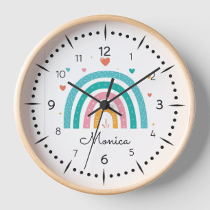 Horloge Filles Cute Boho Aquarelle Arc-en-ciel et nom Horl