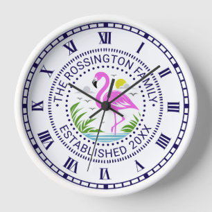 Horloge Flamant rose rose dans l'eau Nom de famille Date E