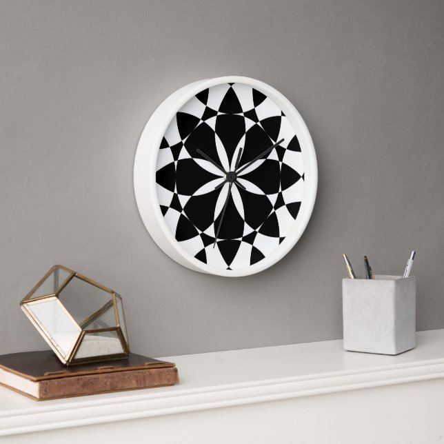 Horloge Fleur blanche noire mandala mosaïque rétro Monogra (Bureau)
