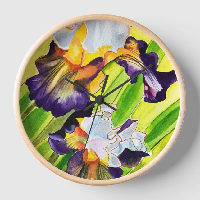 Horloge Fleur d'iris floral aquarelle (Recto)
