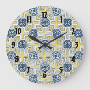 Horloge Fleurs Géométriques Jaune Bleu Chiffres No