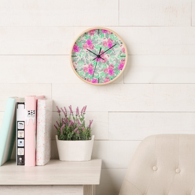 Horloge Fleurs roses Aquarelle botanique (Salle de lecture)