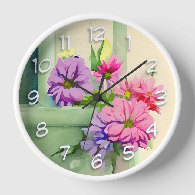 Horloge Fleurs roses et violettes sur fond de fenêtre (Recto)