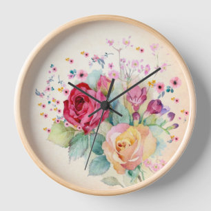 Horloge Fleurs roses sur Ecru