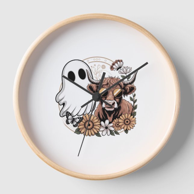 Horloge Floral Automne Highland Cow Ghost (Recto)