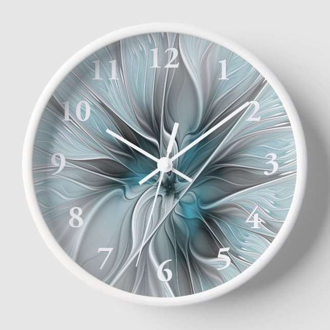 Horloge Floral Fractal Moderne Fleur Abstrait gris bleu (Recto)