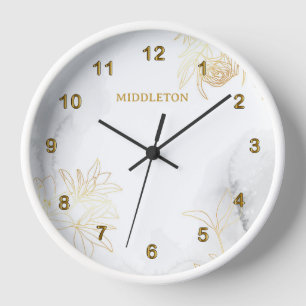 Horloge Floral or Abstrait moderne sur le Marbre blanc