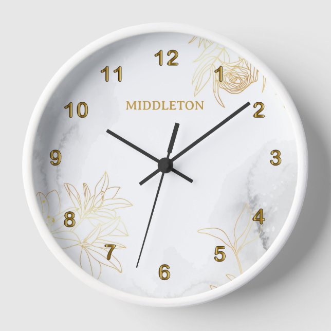 Horloge Floral or Abstrait moderne sur le Marbre blanc (Recto)