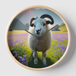 Horloge Fluffy Sheep champ de fleurs violettes