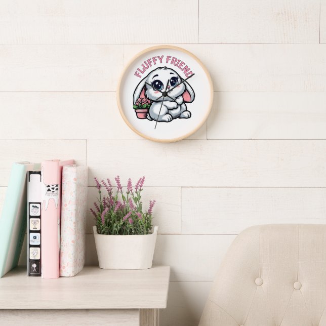 Horloge Fluffy White Bunny with Plant Pot (Salle de lecture)
