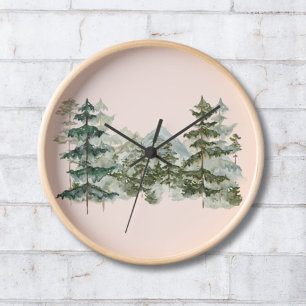 Horloge Forêt de pins et montagne à l'aquarelle esthétique