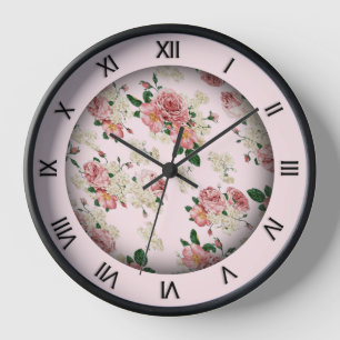 Horloge grande florale vintage rose sur rose