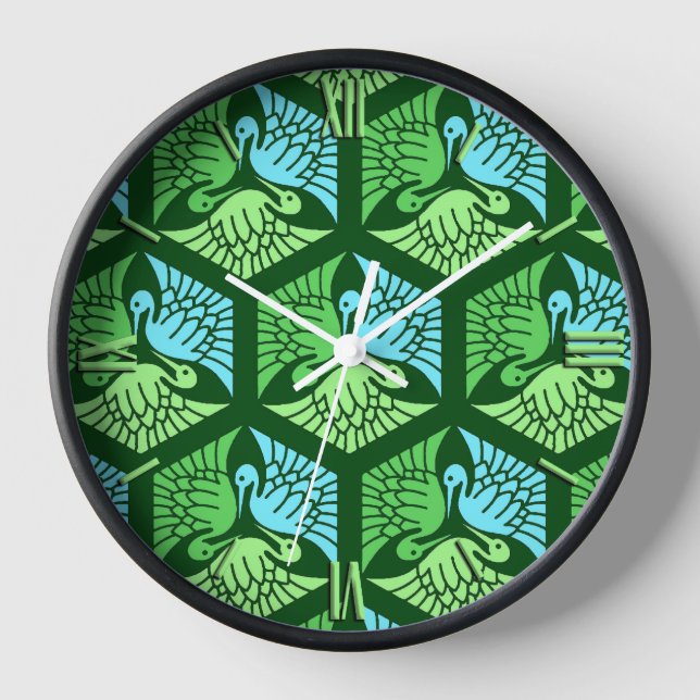Horloge Grues japonaises, Jade Green et Bleu clair (Recto)