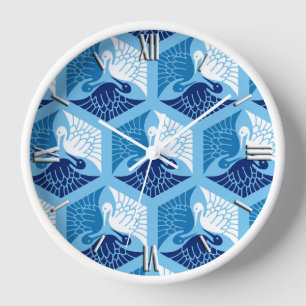 Horloge Grues japonaises, marine, blanche et bleu clair