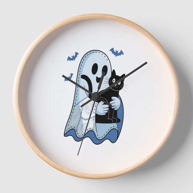 Horloge Halloween bleu Denim Ghost et chat (Recto)