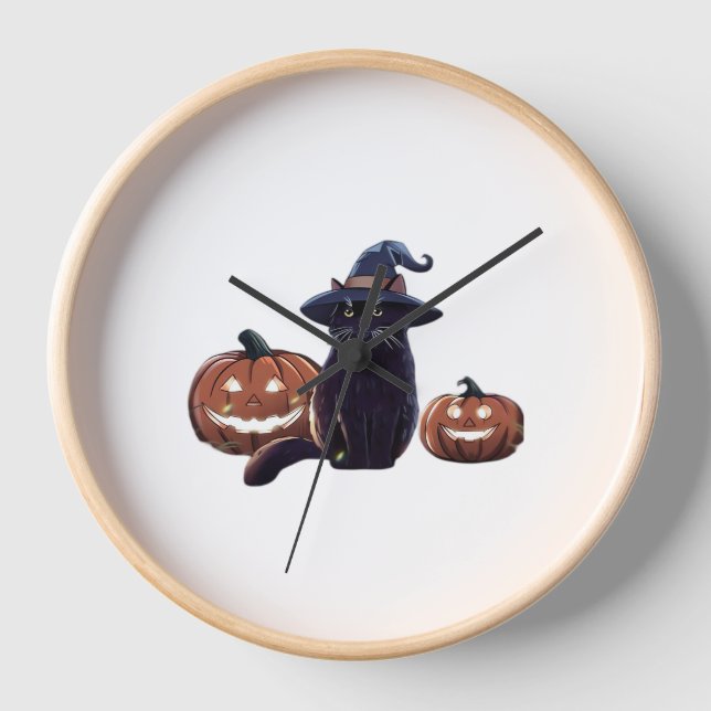 Horloge Halloween chat noir T-shirt trop grand (Recto)