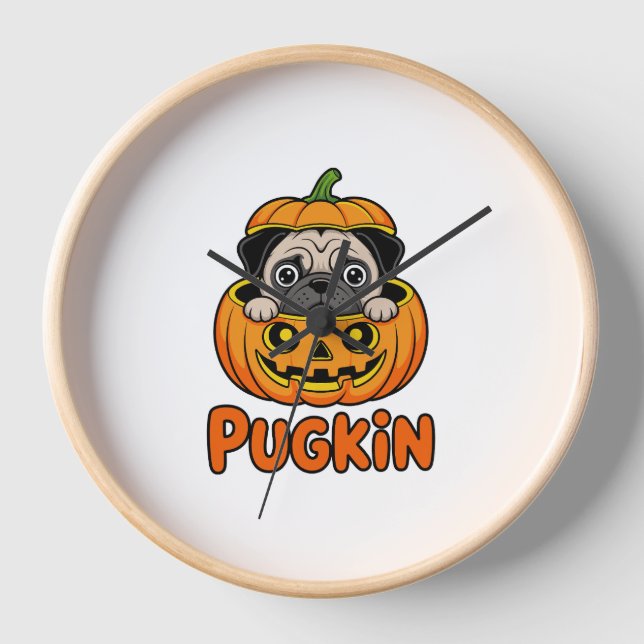Horloge Halloween Pugkin, chien Citrouille Carlin (Recto)