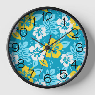 Horloge Hibiscus hawaïen bleu motif floral