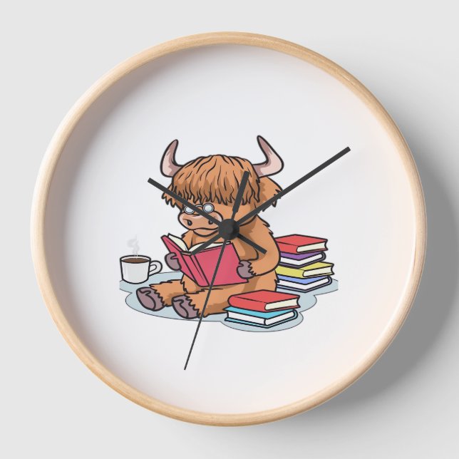 Horloge Highland Cattle Cow Lire les livres Boire Café Cla (Recto)