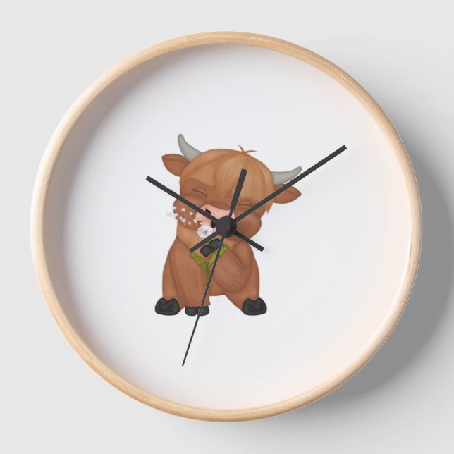 Horloge Highland Cow Christmas Joyeux et lumineux, écossai (Recto)