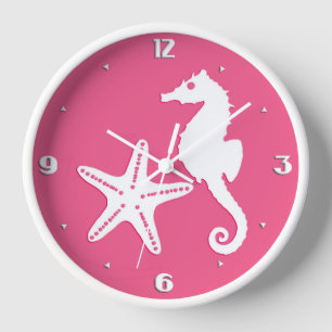 Horloge Hippocampe et étoiles de mer - Coral rose et blanc