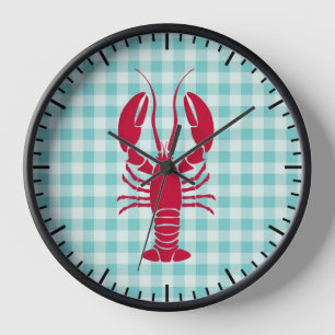 Horloge Homard sur cuisine à carreaux bleus