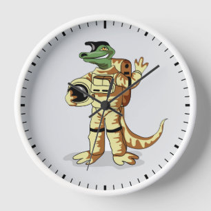 Horloge Iguanodon Habillé Dans Un Spacesuit Cosmonaute.