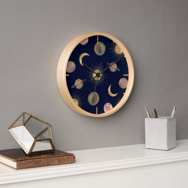 Horloge Illustration Blue Gold Sun Moon Planètes Space (Bureau)