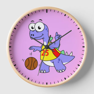 Horloge Illustration D'Un Stegosaurus Jouant Au Basket.