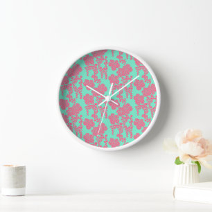Horloge Impression florale japonaise - rose et Turquoise h