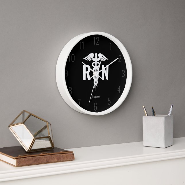 Horloge Infirmière personnalisée RN Black White Caduceus M (Bureau)