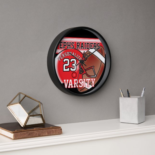 Horloge Jersey de football rouge, blanc et noir | ÉDITABLE (Bureau)