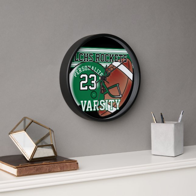 Horloge Jersey de football vert, blanc et noir | ÉDITABLE (Bureau)