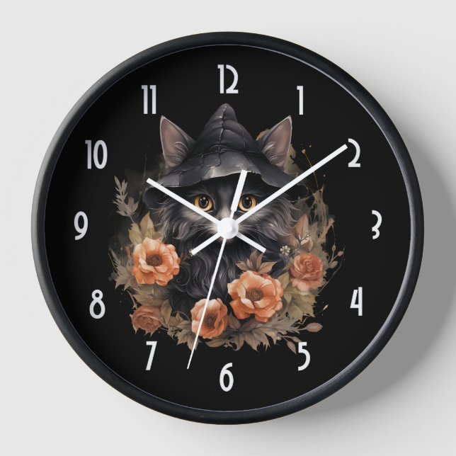 Horloge Joli chat noir dans un chapeau de sorcière (Recto)