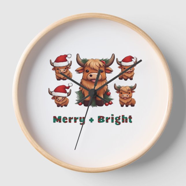 Horloge Joli Noël de vache Highland Joyeux et brillant, Sc (Recto)