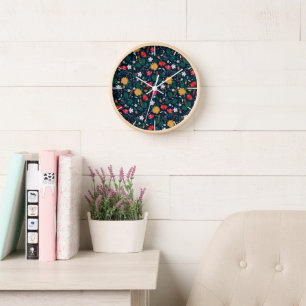 Horloge Jolie Fleurs sauvages colorées Design bleu marine