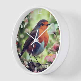 Horloge Jolie Robin Entre Arbres, Fleurs Et Nature Blanc