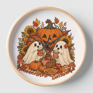 Horloge Jolis fantômes d'Halloween Citrouille Pique-nique