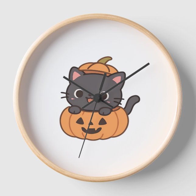 Horloge Jouer Chat Noir Popping hors du T-shirt Citrouille (Recto)