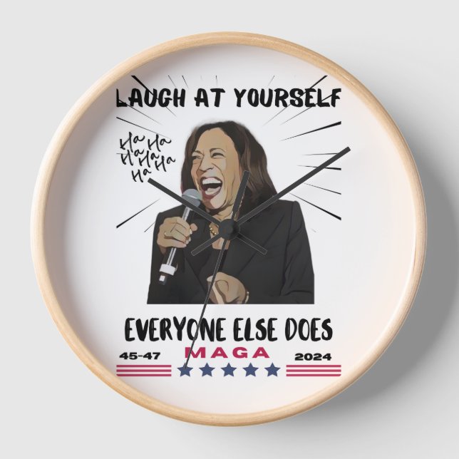 Horloge Kamala Harris, Cadre en bois naturel rond  (Recto)