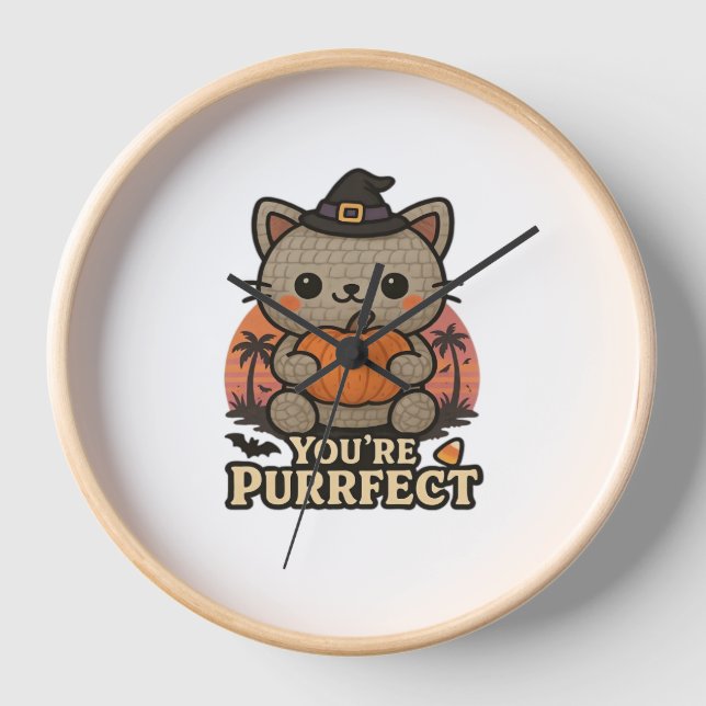 Horloge Kawaii Halloween Chat avec Citrouille, jolie sorci (Recto)